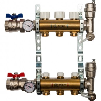 Распред-ный коллектор STOUT SMB без расход-в с рег-щими вставками на 3 контура 1"x3/4"