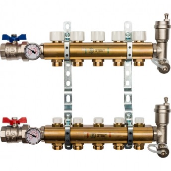 Распред-ный коллектор STOUT SMB без расход-в с рег-щими вставками на 5 контуров 1"x3/4"