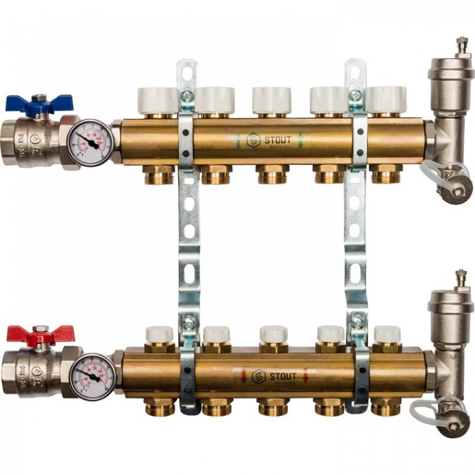Распред-ный коллектор STOUT SMB без расход-в с рег-щими вставками на 5 контуров 1"x3/4" SMB 0468 000005