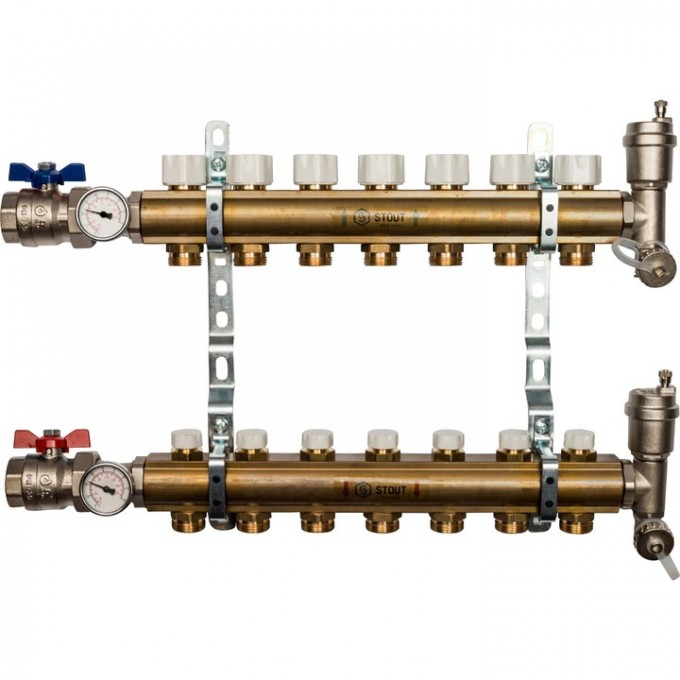 Распред-ный коллектор STOUT SMB без расход-в с рег-щими вставками на 7 контуров 1"x3/4" SMB 0468 000007