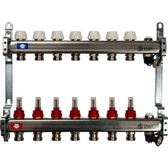 Коллекторная группа 7 выходов 1"-3/4" с расходомером (2возд. 2сл.крана.2кронш.) нерж.сталь